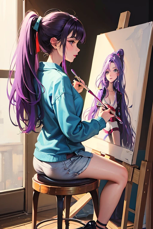 1lady,Beautiful College Student,girl painting, her gets dirty with paint,have a brush,purple hair and long hair,ponytail,casual clothing,black high-heels,in art studio,campus beauty, Painting,
colorful,easel,stool,Sitting on Stool, Focus on creating artwork