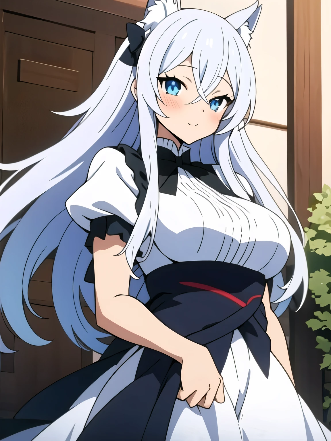 ((Masterpiece, Best Quality: 1.2), Detailed Image, Anime Character, One Girl, Blue Eyes, Rich Breasts, White Dress, Black Ribbon Wrapped Around the Waist, Animal Ears Covered by Hair, Long White Hair