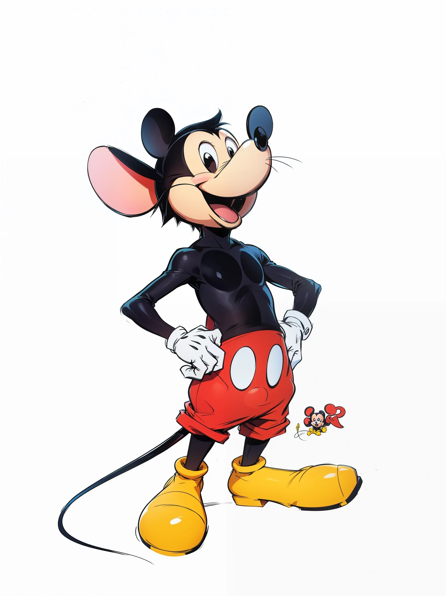 Furry, Mickey Mouse, shortstack, slightly blushed, cartoon, white gloves, red shorts, naked chest, yellow shoes, black body,