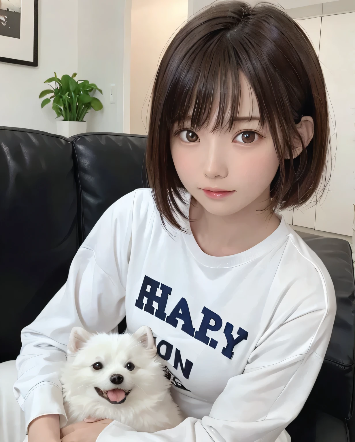The woman is sitting on the sofa、A small white Pomeranian crawls on his lap。, Opposite the birthday cake, Make a wish on a birthday cake, Celebrating her birthday, She is about 16 years old, White skin, Delicate facial features