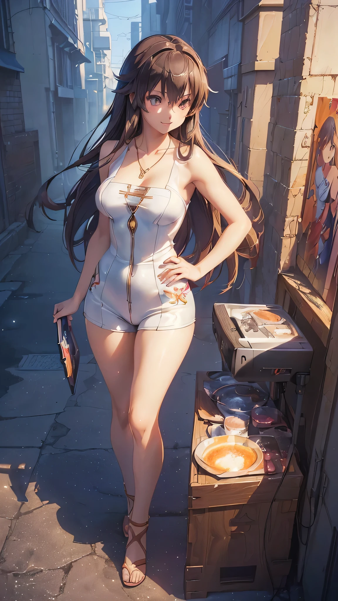((Final Fantasy (Yuna), (young girl, , full body, naked body, dark hair, light skin, scarlet lips, smile; black, expressive playful eyes, long eyelashes)). ((Anime girl with brown hair hair and white dress with necklace, beautiful character painting, soft anime computer graphics, realistic anime art, beautiful anime woman, Cyberpunk, futurism, tight jumpsuit, anime girl rendering, Makoto Shinkai and Artgerm, realistic 3D anime style, anime realism style, digital art in anime style, beautiful anime girl)), (style, very beautiful young girl)). ((High quality, masterpiece)).very sexy, nsfw, 70% nude
