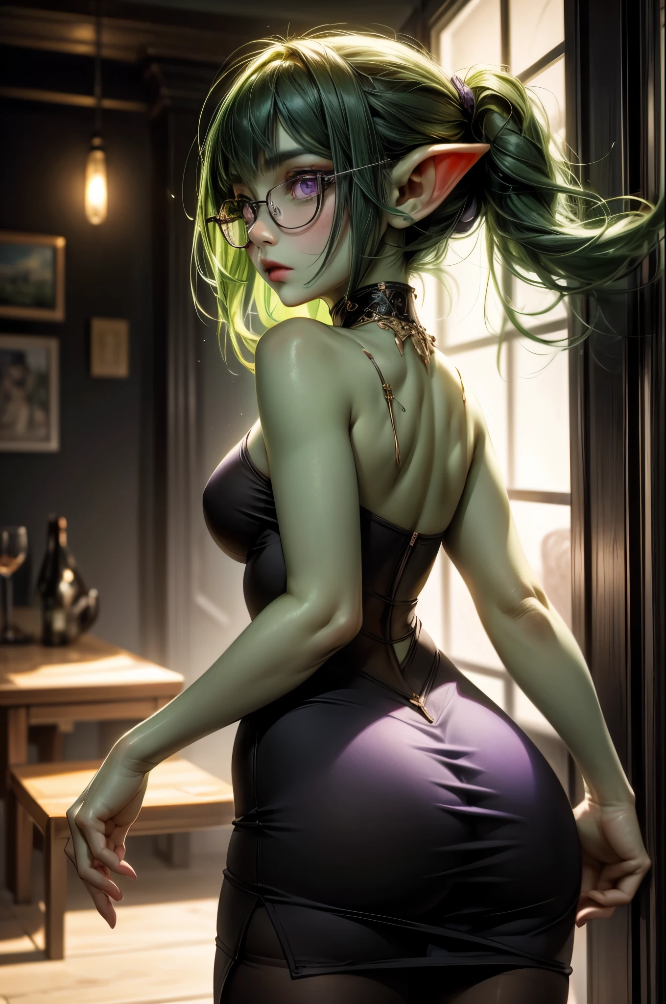 Masterpiece, absurdrez, amazing detail, 4k, perfect face, 3 foot tall green goblin girl, wearing purple cotton dress, black purse, black silk pantyhose and black pumps, very shy, black glasses, (green skin), small pointy ears, short green hair, purple eyes, exploring a fine art museum, admiring painting on the wall, curious and fascinated, pov from side, looking away from camera, dynamic pose, cinematic lighting