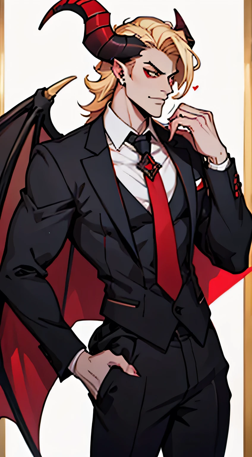 Hazbin Hotel Male Lilith, big red ram horns, curled back horns, demon, tall, blonde, muscular, black suit, necktie, handsome, 1male, 1guy