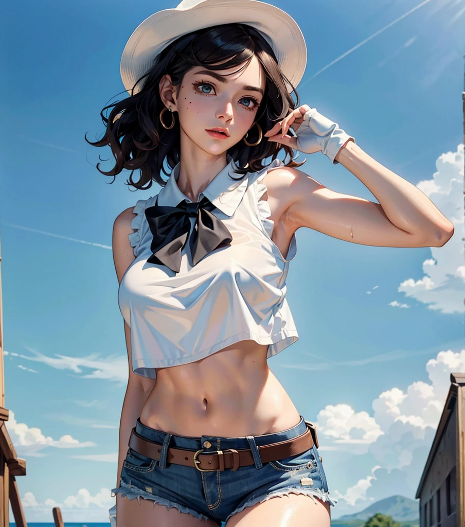 absurdres, RAW photo, extremely delicate and beautiful, masterpiece, Best Quality, ultra high resolution, 32k, hyperrealistic, ultra-detailed, perfect anatomy, anatomically correct, perfect figure, super Detailed skin, pale skin, 20 years old, very Slim body, narrow waist, very small head, very small face, delicate facial features, detailed face, detailed eyes, tearful mole, earring, thin legs, bare legs, ((very huge round breasts)), short medium hair, ((wavy hair)), wet clothes, collared white shirt, ((cowgirl costume)), vest, cowboy hat, fingerless gloves, midriff, neckerchief, shorts, holster,