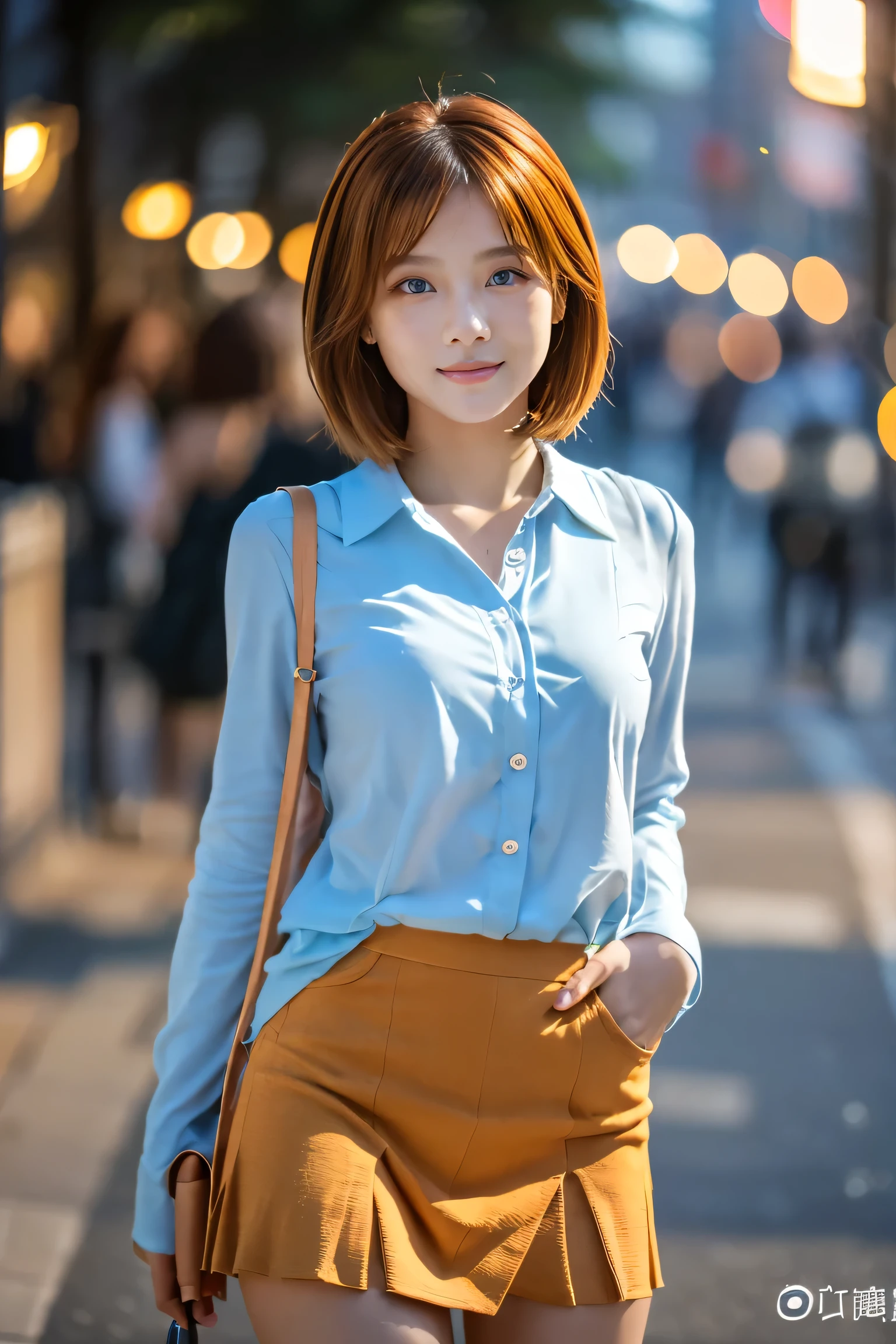 (18-year-old female), (The best quality at its best:1.4), (Super detailed), (Very detailed CG unified 16k), Beautiful woman with perfect figure: 1.4, Sharp focus: 1.2, Very detailed, High-quality RAW color photos, Professional photography, Great face and eyes, Beautiful eyelashes、cosmetics, (Amazingly beautiful girl), ((blouse, Pleated mini skirt)), Are standing, Sexy posture,(Stylish cityscape, dawn:1.3), (View from below), Realistic movie faces, Wide zoomed out view of head to foot length, Full body long view, Realistic, ((Realistic natural orange red hairstyle, Realistic blue eyes, Short Bob Hair)), nice, Very beautiful face, Perfect model beauty, Mouth swelling, Highly detailed face and skin texture, Fine grain, double eyelid, Medium chest, smile, Crack, west, (masterpiece), highest quality, High resolution, Very detailed, Blurred Background, Depth of written boundary, Cinema Lighting, Great legs, High heels, Clear, well-maintained skin, (((Women make up the majority of the photo)))