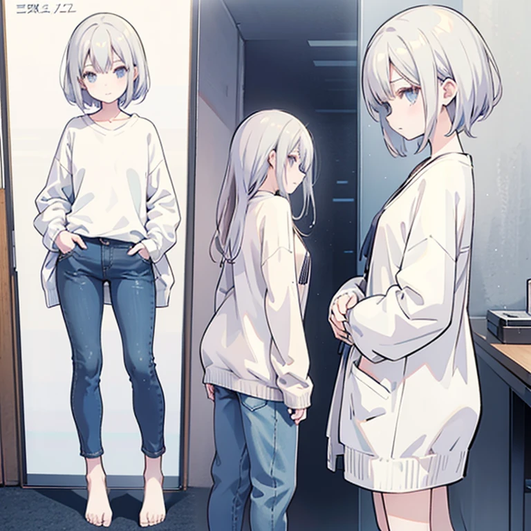 Wearing a sweater and jeans、Anime girl standing with hands in pockets,Back view, three sided view, from side, no background, flat chest,Full body illustration, Shortcuts, Full body portrait, anime Full body illustration, Casual pose, Full body photo, Casual clothing