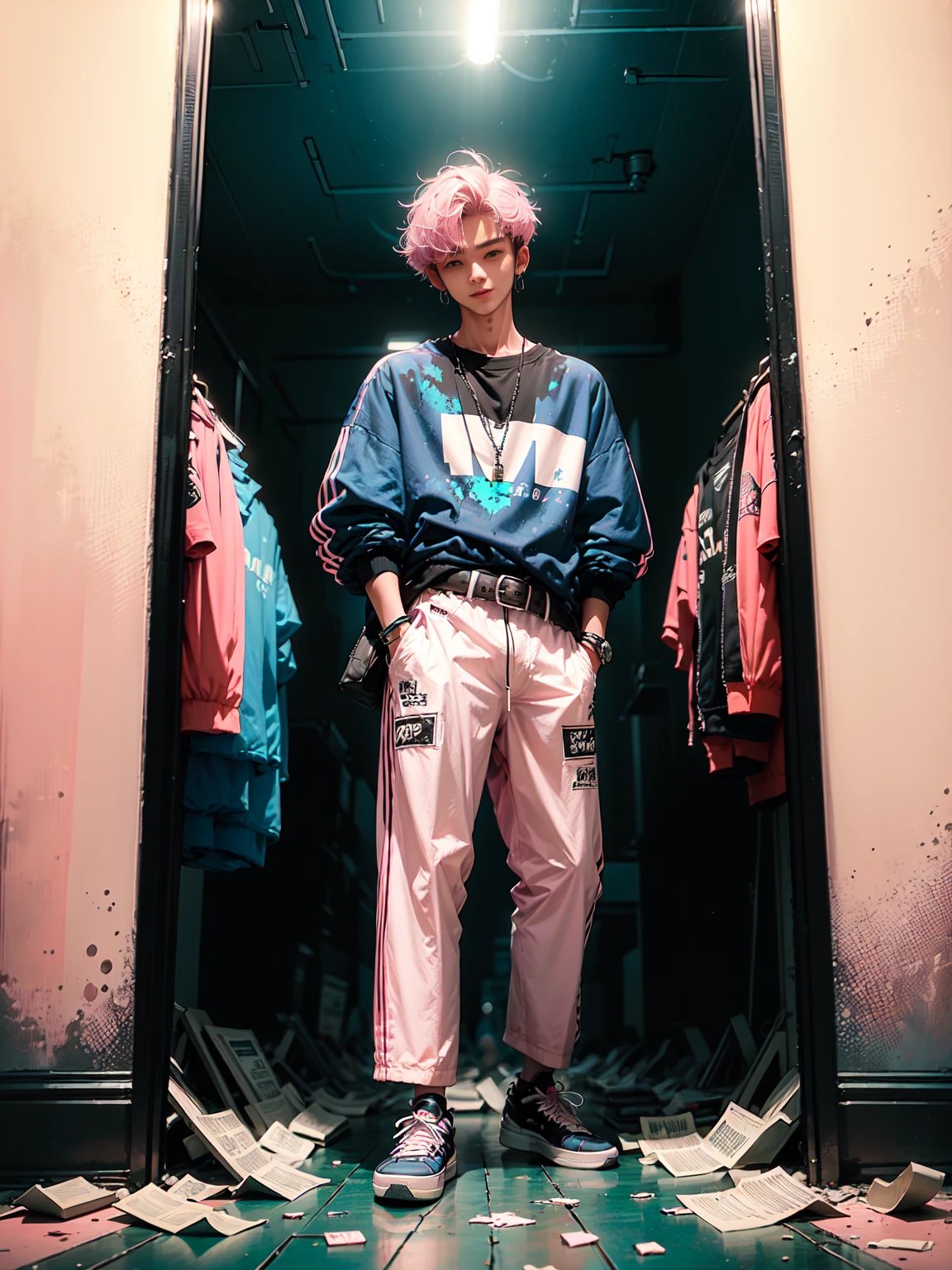 wide shot, full body,  man kpop boy with faded cut dark brown hair and white earring in right ear, open jacket with dark blue shirts, cute smile, long pants: 1.5 black ripped and a big belt with buckle, background of paint, pop star, has a messy pink emo hairstyle. He has a normal Putt Putt Troll appearance overall., (pink and dark glass broken glass mirror background), colors cyan, magenta, yellow green, violet