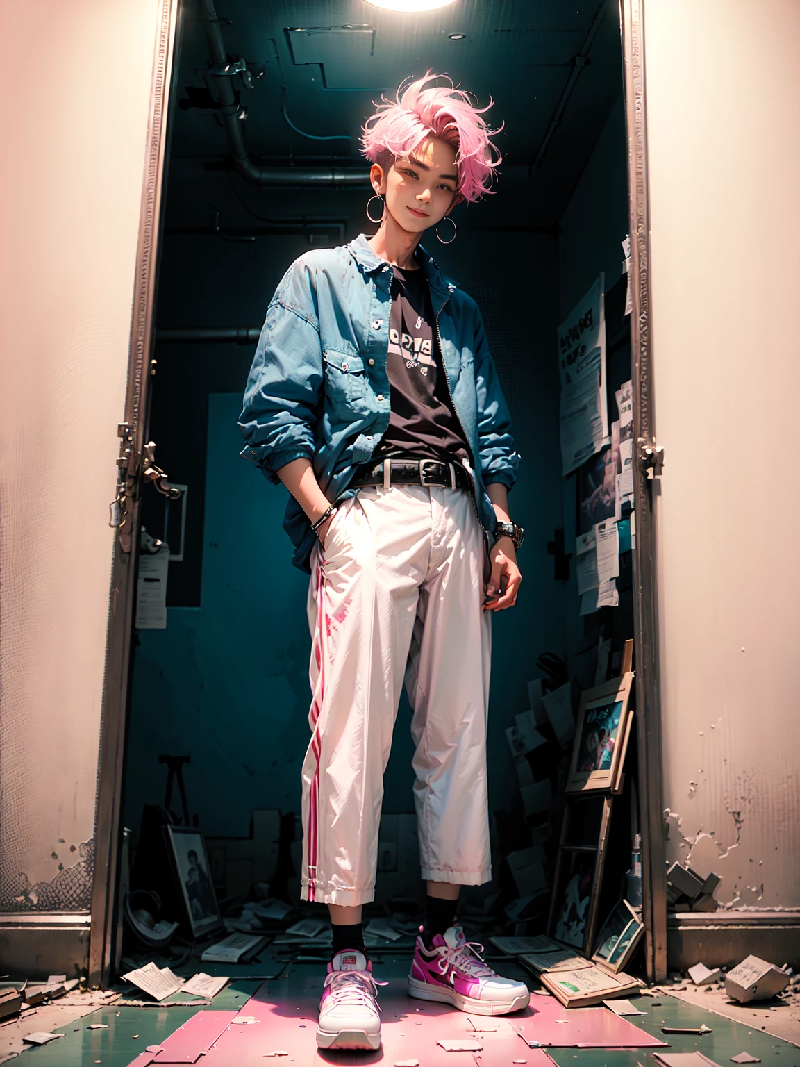 wide shot, full body, young age man kpop boy with faded cut dark brown hair and white earring in right ear, open jacket with dark blue shirts, cute smile, long pants: 1.5 black ripped and a big belt with buckle, background of paint, pop star, has a messy pink emo hairstyle. He has a normal Putt Putt Troll appearance overall., (pink and dark glass broken glass mirror background), colors cyan, magenta, yellow green, violet