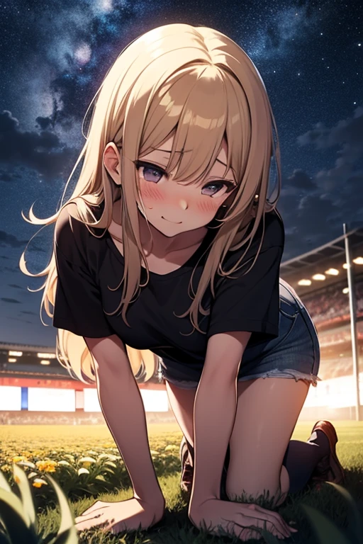 masterpiece, highest quality, blush, Embarrassed face,night, Get on all fours, 1 girl, alone, from side, from below,hip focus,field