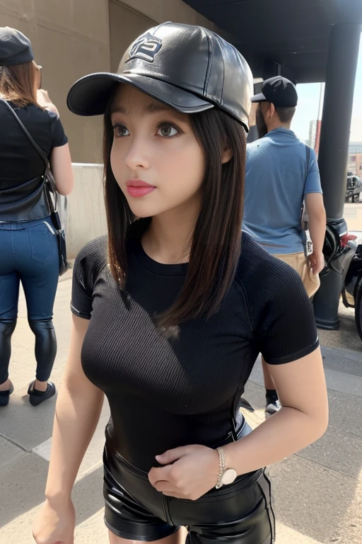 Japanese women、young woman、Cute face、Good looking、smile、beauty、Calm face、Climbing the stairs at the station、Back view、Half Body、Look back here、Overlooking here、Long black hair、(Denim hat、wearing a tight fitting black baseball cap:1.5)、(Tight shorts、short、Leather pants、Black hot pants:1.6)、I can see your thighs、Beautiful legs、Beautiful feet、(tight knit shirt、Short sleeve、丈のshortシャツ、Navel dashi shirt、The shirt is lengthened to below the chest、Tight tops:1.8),emphasize the chest line、Large Breasts、Side bust,Sexy pose、charm、(The line of underwear is visible)、Pale Light、smile、(、Thin eyebrows、Thin lips、Beautiful idol:1.8)