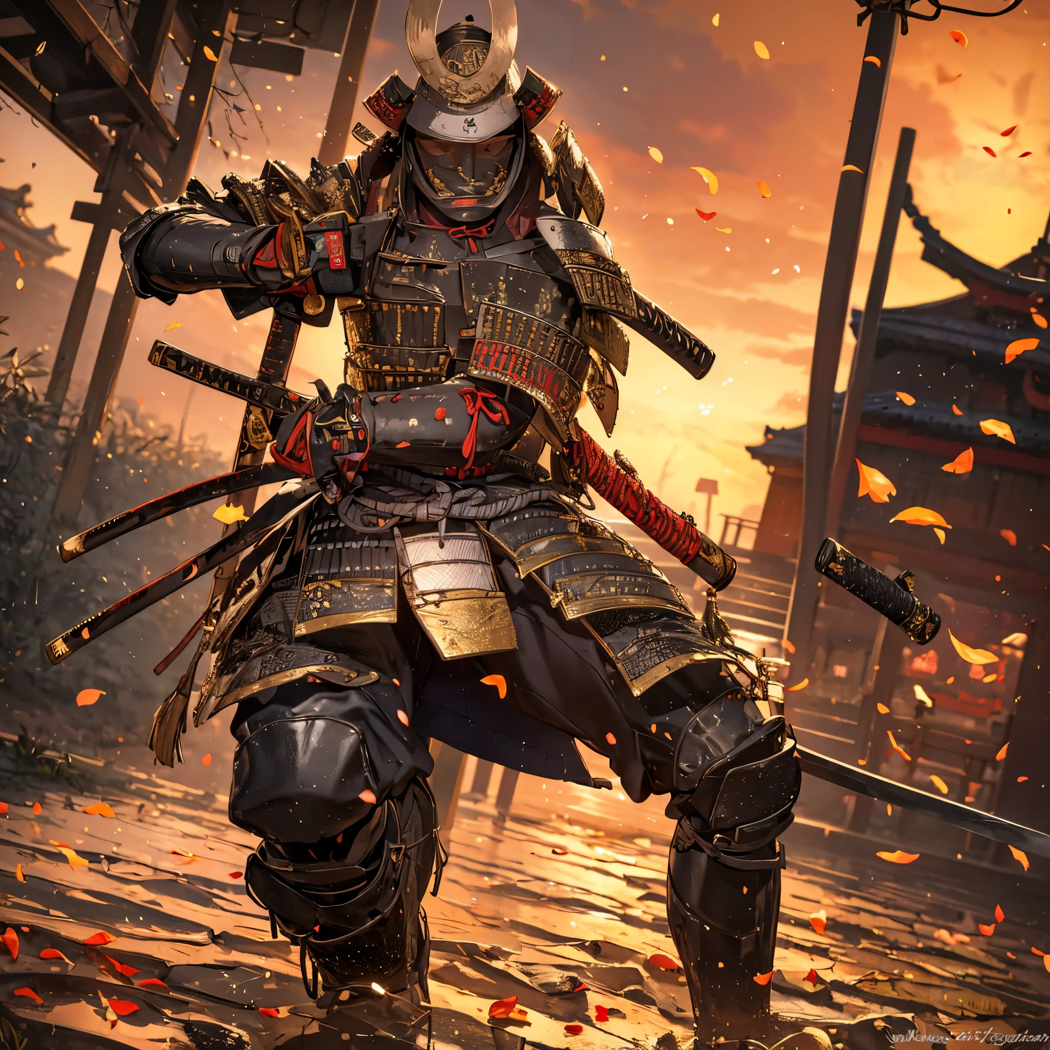 A man in heavy samurai armor, very detailed armor from the sengoku era, samurai shoulder pad, metal bracelet, iron plate breastplate, samurai boots, wearing samurai bachi hoshi helmet, holding only a katana, (katana without the sheath, original katana ,) in your hands between your fingers, Japanese garden with lake and a traditional old Japanese house, well-made, muscular face, (just one man), (full body), HD, very detailed, full hd, masterpiece, personalized by sengoku theme, bloom, ultra resolution