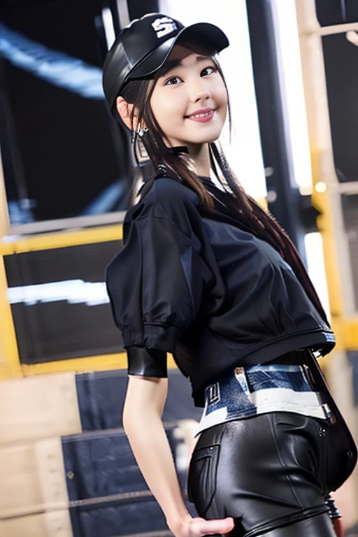Japanese women、young woman、Cute face、Good looking、smile、beauty、Calm face、Climbing the stairs at the station、Back view、Half Body、Look back here、Overlooking here、Long black hair、(Denim hat、wearing a tight fitting black baseball cap:1.5)、(Tight shorts、short、Leather pants、Black hot pants:1.6)、I can see your thighs、Beautiful legs、Beautiful feet、(tight knit shirt、Short sleeve、丈のshortシャツ、Navel dashi shirt、The shirt is lengthened to below the chest、Tight tops:1.8),emphasize the chest line、Large Breasts、Side bust,Sexy pose、charm、(The line of underwear is visible)、Pale Light、smile、(、Thin eyebrows、Thin lips、Beautiful idol:1.8)