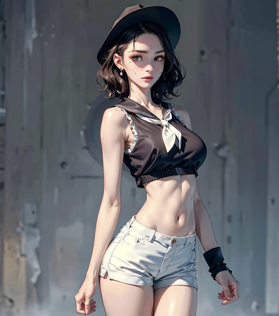 absurdres, RAW photo, extremely delicate and beautiful, masterpiece, Best Quality, ultra high resolution, 32k, hyperrealistic, ultra-detailed, perfect anatomy, anatomically correct, perfect figure, super Detailed skin, pale skin, 20 years old, very Slim body, narrow waist, very small head, very small face, delicate facial features, detailed face, detailed eyes, tearful mole, earring, thin legs, bare legs, ((very huge round breasts)), short medium hair, ((wavy hair)), wet clothes, solo, collared white shirt, ((cowgirl costume)), vest, cowboy hat, fingerless gloves, midriff, neckerchief, shorts, holster,