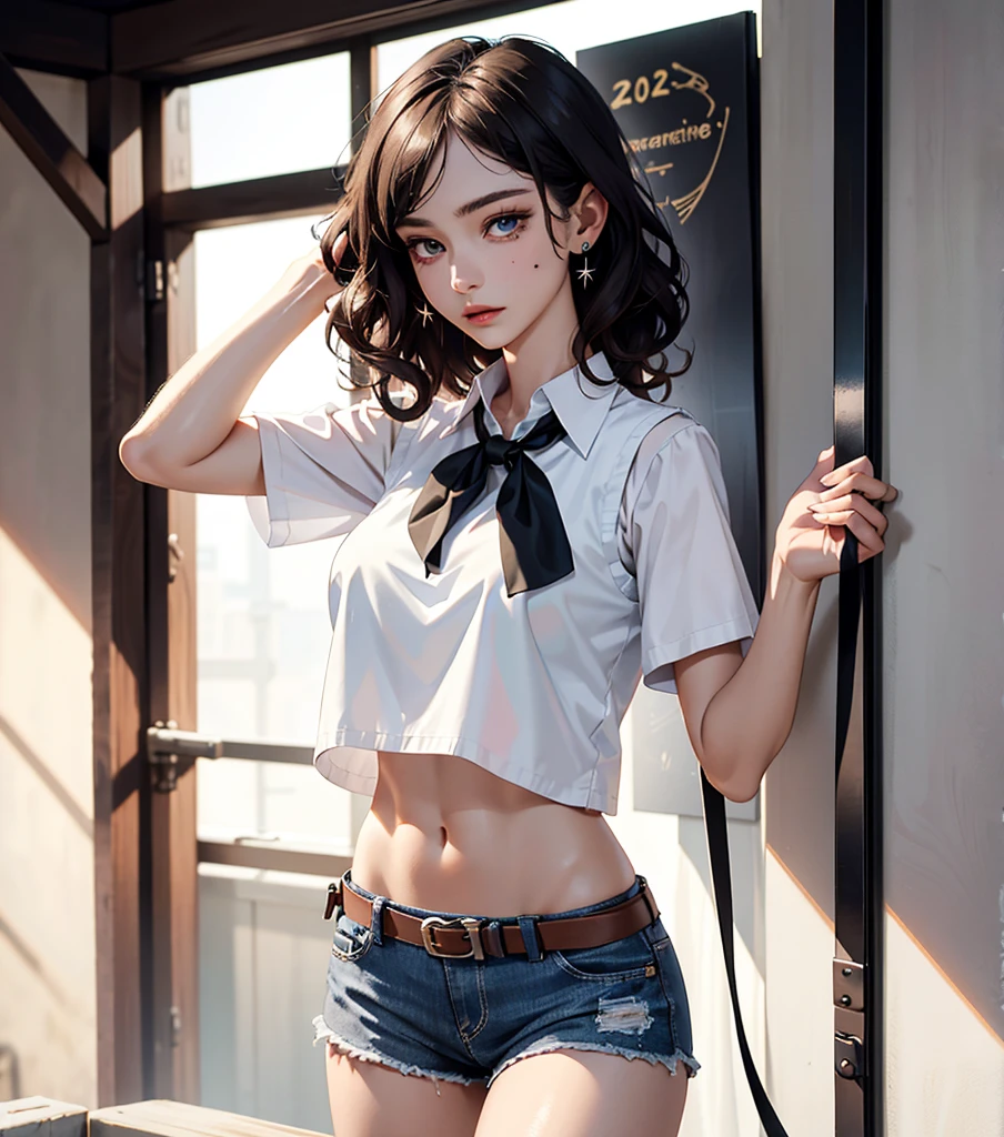 absurdres, RAW photo, extremely delicate and beautiful, masterpiece, Best Quality, ultra high resolution, 32k, hyperrealistic, ultra-detailed, perfect anatomy, anatomically correct, perfect figure, super Detailed skin, pale skin, 20 years old, very Slim body, narrow waist, very small head, very small face, delicate facial features, detailed face, detailed eyes, tearful mole, earring, thin legs, bare legs, ((very huge round breasts)), short medium hair, ((wavy hair)), wet clothes, solo, collared white shirt, ((cowgirl costume)), vest, cowboy hat, fingerless gloves, midriff, neckerchief, shorts, holster,