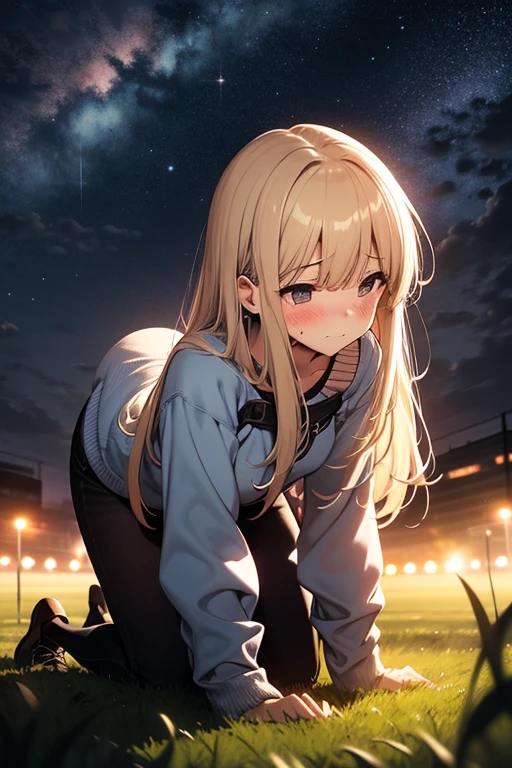 masterpiece, highest quality, blush, Embarrassed face,night, Get on all fours,Turning her back, 1 girl, alone, from side, from below,hip focus,field