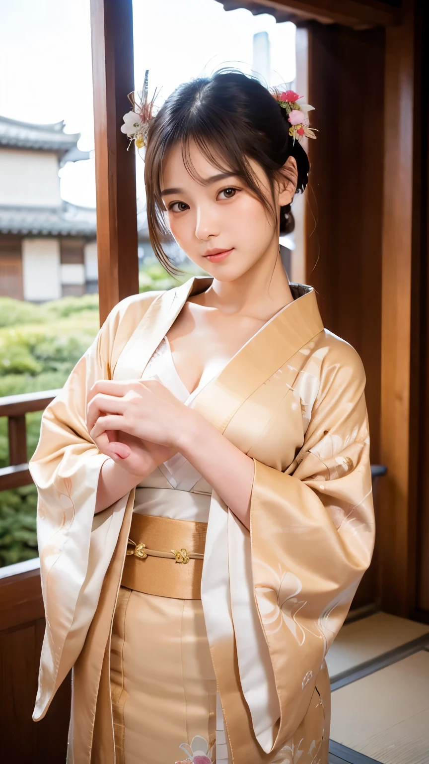 best quality, face focus, soft light, (depth of field) ,ultra high res, (photorealistic:1.4), RAW photo, (portrait:1.4) ,(from front)
1japanese girl, solo, cute, (shy, smile:1.1), (brown eyes), detailed beautiful face, (short_hair ), japanese-style room
(silk kimono:1.4)