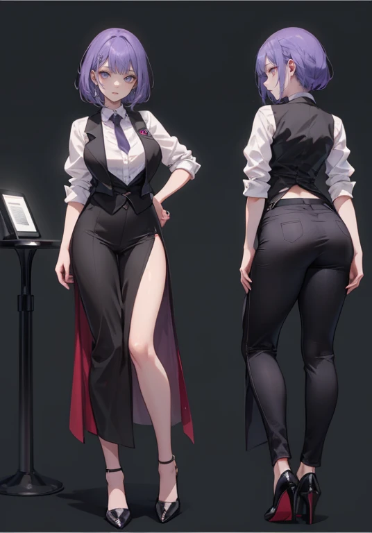 ((Perfect Face)),Purple Hair,Shortcuts,Adult female,bartender,((Harness)),Black vest,((Shirt with rolled up sleeves)),tie,((slit)),High heels,,((Simple Background)),smile,((whole body)),((full body)),Character portrait,upright,,Both arms are lowered,upright,