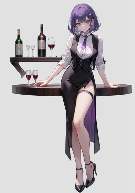 ((Perfect Face)),Purple Hair,Shortcuts,Adult female,bartender,((Harness)),Black vest,((Shirt with rolled up sleeves)),tie,((slit)),High heels,,((Simple Background)),smile,((whole body)),((full body)),Character portrait,upright,,Both arms are lowered,upright,