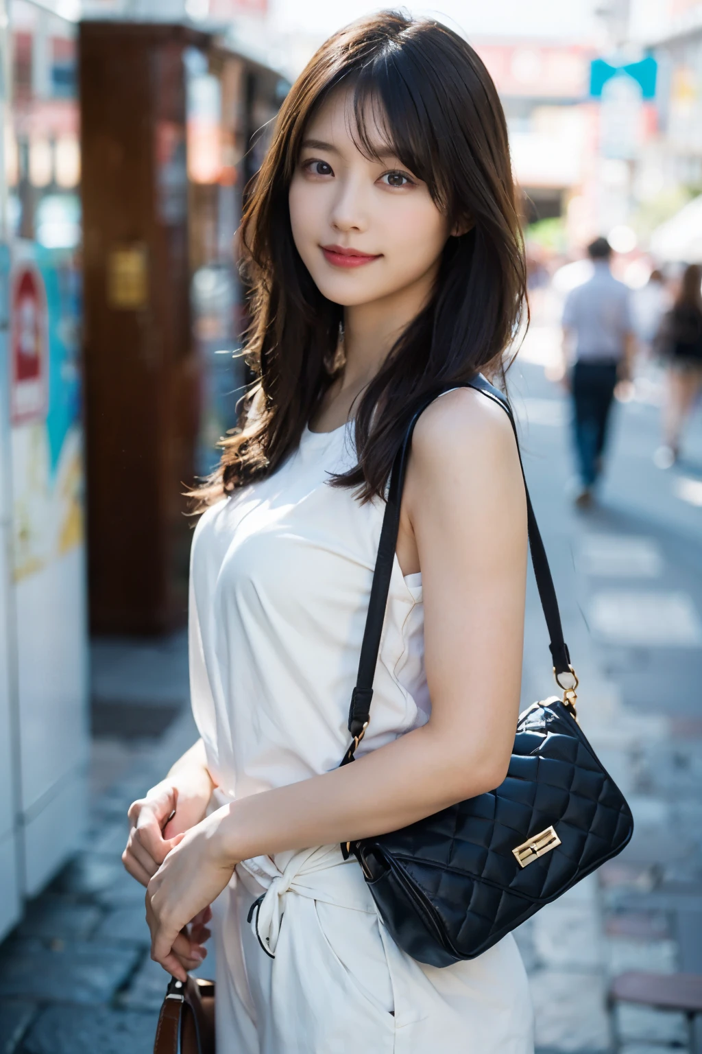 (8k、Raw photo、highest quality、masterpiece:1.2)、(Realistic、Photorealistic:1.37)、Ultra-detailed、超A high resolution、1 girl、Seeing the viewer、Beautifully detailed face、Laughter、narrow、(Narrow waist) :1.3)、((Shirts Clothes))、Beautifully detailed skin、Light Hair Color、Skin Texture、Floating Hair、((Tie your hair together))、Shapely large breasts、Professional Lighting、In front of the station at noon、Human whole body、Black Hair、((Have a shoulder bag))、