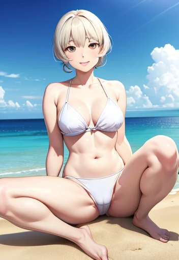 Tabletop, highest quality, (Realistic:1.4),,1 Japanese female,Mature Woman, 47 years old,Wrinkles around the eyeouth wrinkles、魅惑的なsmile、Naughty look、Heavy breathing,Full Body Shot, smile,(Beautiful sea_Snow-white sandy beach:1.2)、Beautiful blue sky,No clothes,Completely naked,Sit down and open your legs wide,(Leg spread:1.5),Don'Don't hide your cat,