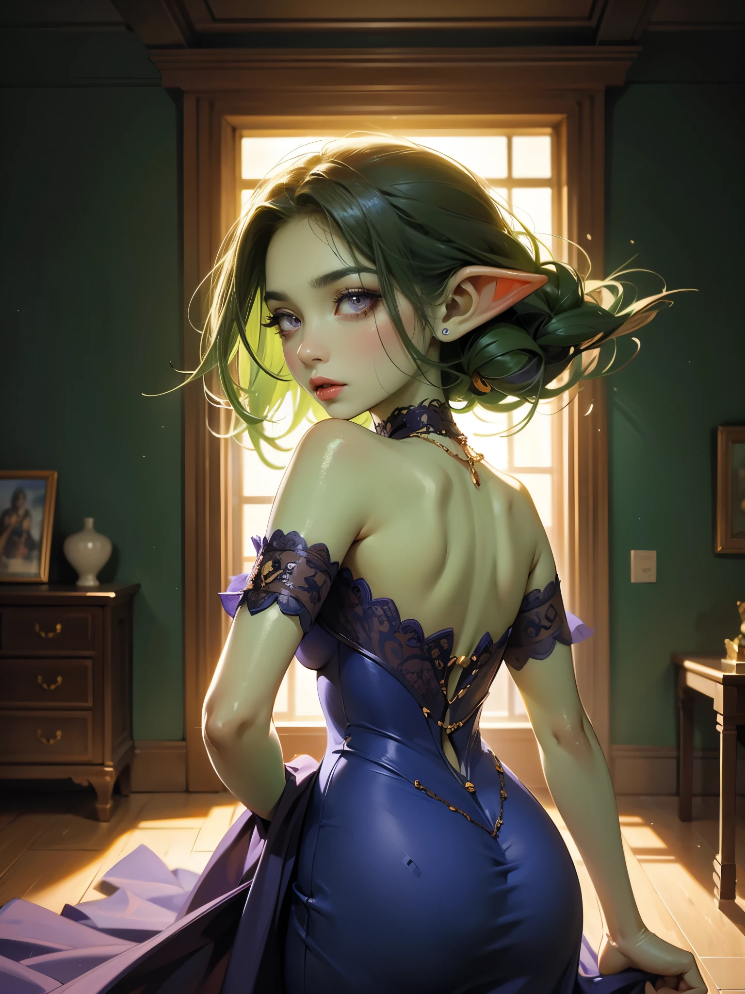 intricate details, tonemapping, sharp focus, hyper detailed, trending on Artstation, Masterpiece, absurdrez, amazing detail, 4k, perfect face, small ears, 3 foot tall green goblin girl, wearing modest purple cotton dress, very shy, black glasses, (green skin), short green hair, purple eyes, exploring a fine art museum, admiring painting on the wall, curious and fascinated, pov from side, looking away from camera, dynamic pose, cinematic lighting, fine art lines the walls, in art museum