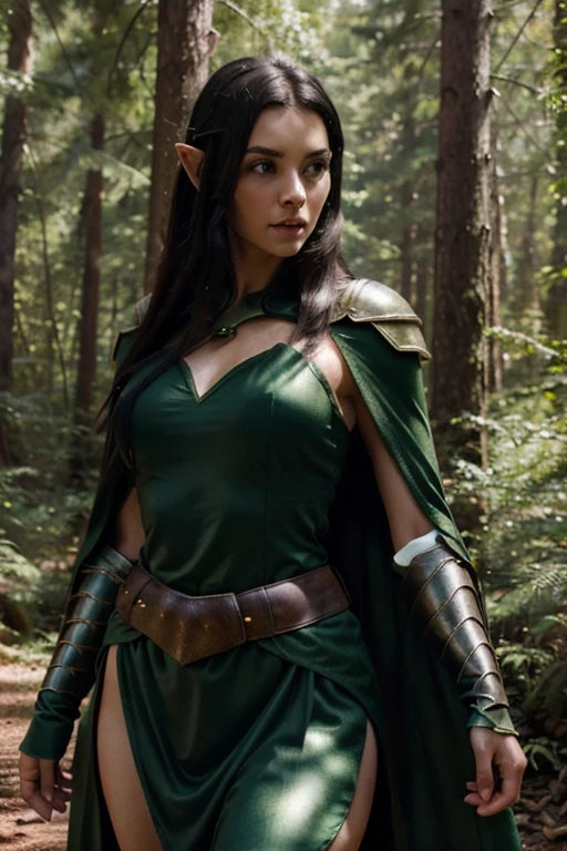 beautiful forest elf, pretty face, nice body, black hair, wearing armor, green cape, in a forest, 8k, extremely detailed, ultra realistic