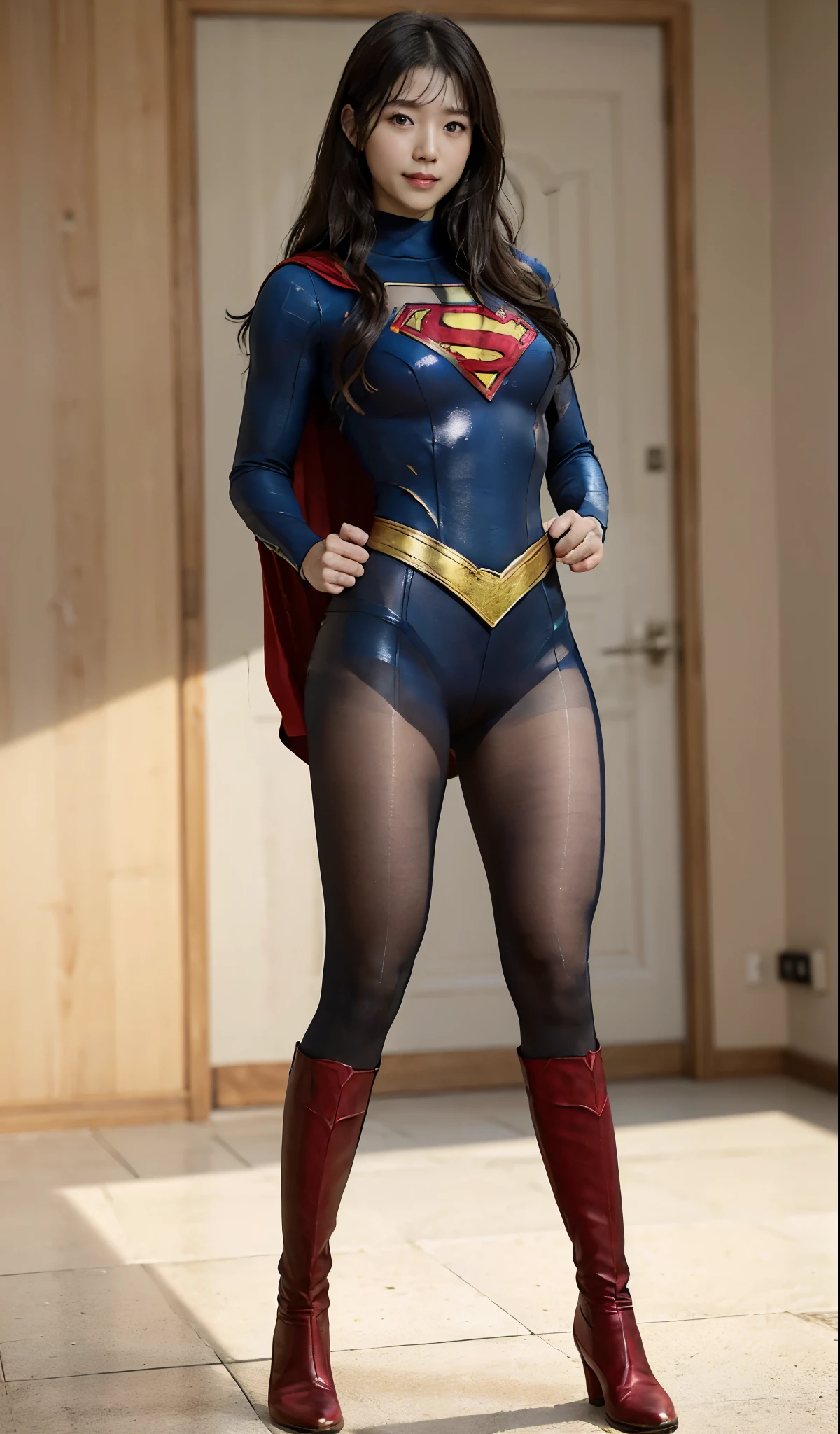 No background、(((Beautiful legs in black tights.)))、(((Legally express the beauty of your smile)))、((((Make the most of your original images)))、(((Supergirl Costume)))、(((Beautiful Hair)))、(((suffering)))、(((Please wear black tights....、Wear red boots)))、((Best image quality、8k))、((highest quality、8k、masterpiece:1.3))、(((Preserve background )))、Sharp focus:1.2、Beautiful woman with perfect figure:1.4、Slim Abs:1.2、Wet body:1.5、Highly detailed face and skin texture、8k