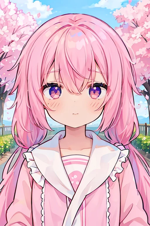 32k, alone, Long Hair, Hair between the eyes, Mouth closed, Are standing, Purple eyes, Pink Hair,Twin tails, flower, Outdoor, Frills, null, cloud, Pink Eyes, wood, flowerびら, Floating Hair, cherry blossoms, pink flower, (Pink Sailor Suit), (((Face Focus))), (((Look at other people))), 