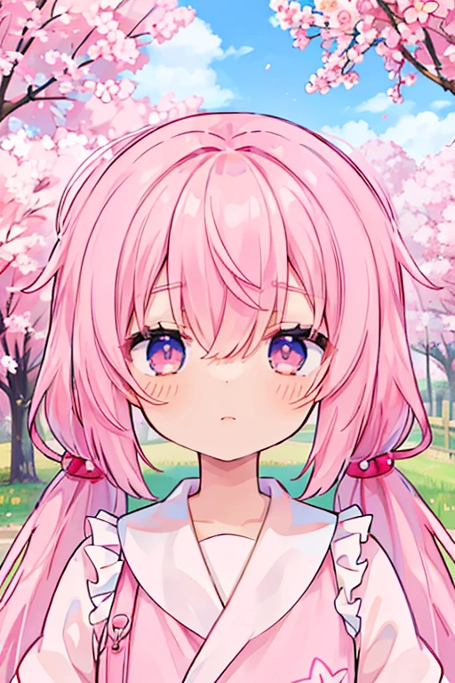 32k, alone, Long Hair, Hair between the eyes, Mouth closed, Are standing, Purple eyes, Pink Hair,Twin tails, flower, Outdoor, Frills, null, cloud, Pink Eyes, wood, flowerびら, Floating Hair, cherry blossoms, pink flower, (Pink Sailor Suit), (((Face Focus))), (((Look at other people))), 