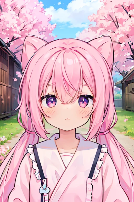 32k, alone, Long Hair, Hair between the eyes, Mouth closed, Are standing, Purple eyes, Pink Hair,Twin tails, flower, Outdoor, Frills, null, cloud, Pink Eyes, wood, flowerびら, Floating Hair, cherry blossoms, pink flower, (Pink Sailor Suit), (((Face Focus))), (((Look at other people))), 