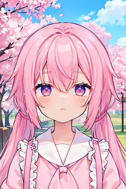 32k, alone, Long Hair, Hair between the eyes, Mouth closed, Are standing, Purple eyes, Pink Hair,Twin tails, flower, Outdoor, Frills, null, cloud, Pink Eyes, wood, flowerびら, Floating Hair, cherry blossoms, pink flower, (Pink Sailor Suit), (((Face Focus))), (((Look at other people))), 