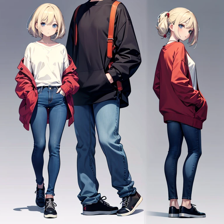 Wearing a sweater and jeans、Anime girl standing with hands in pockets,Back view, three sided view, from side, no background,  flat chest,Full body illustration, Shortcuts, Full body portrait, anime Full body illustration, Casual pose, Full body photo, Casual clothing