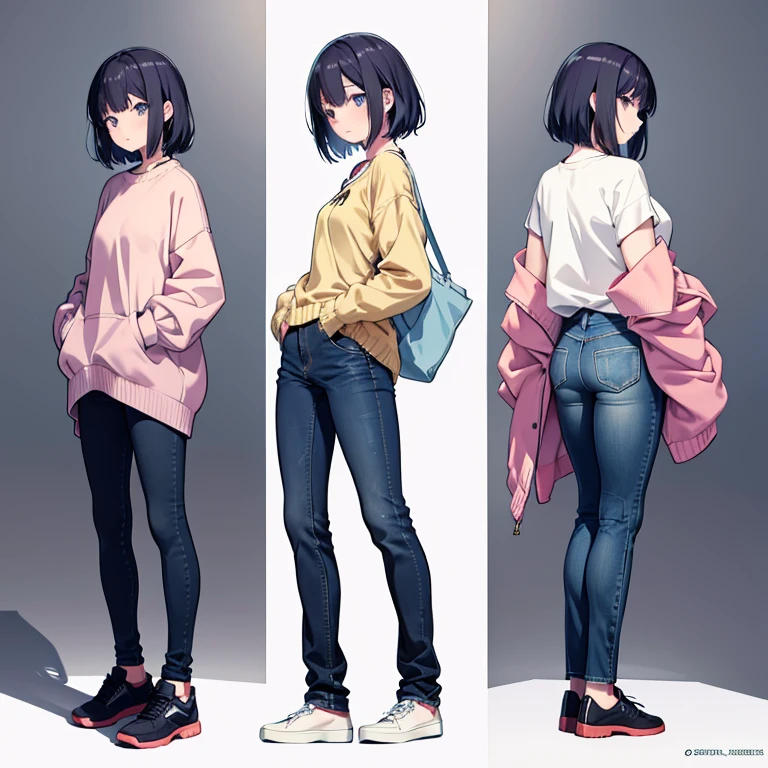 Wearing a sweater and jeans、Anime girl standing with hands in pockets,Back view, three sided view, from side, no background, flat chest,Full body illustration, Shortcuts, Full body portrait, anime Full body illustration, Casual pose, Full body photo, Casual clothing