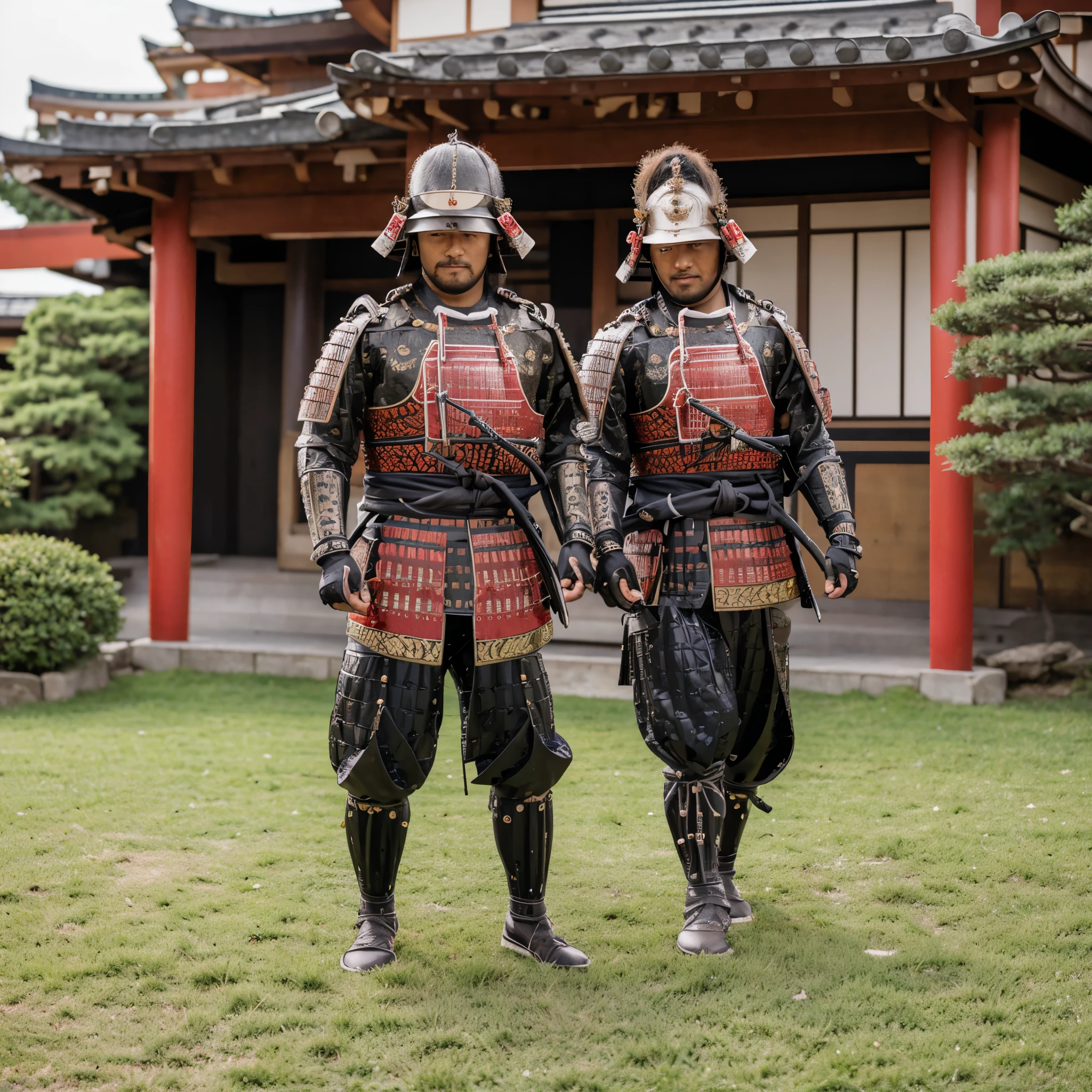 A man in heavy samurai armor, very detailed armor from the sengoku era, samurai shoulder pad, metal bracelet, iron plate breastplate, samurai boots, wearing samurai bachi hoshi helmet, Japanese garden with lake and a traditional old Japanese house, well-made, muscular face, (just one man), (full body), HD, very detailed, full hd, masterpiece, personalized by sengoku theme, bloom, ultra resolution
