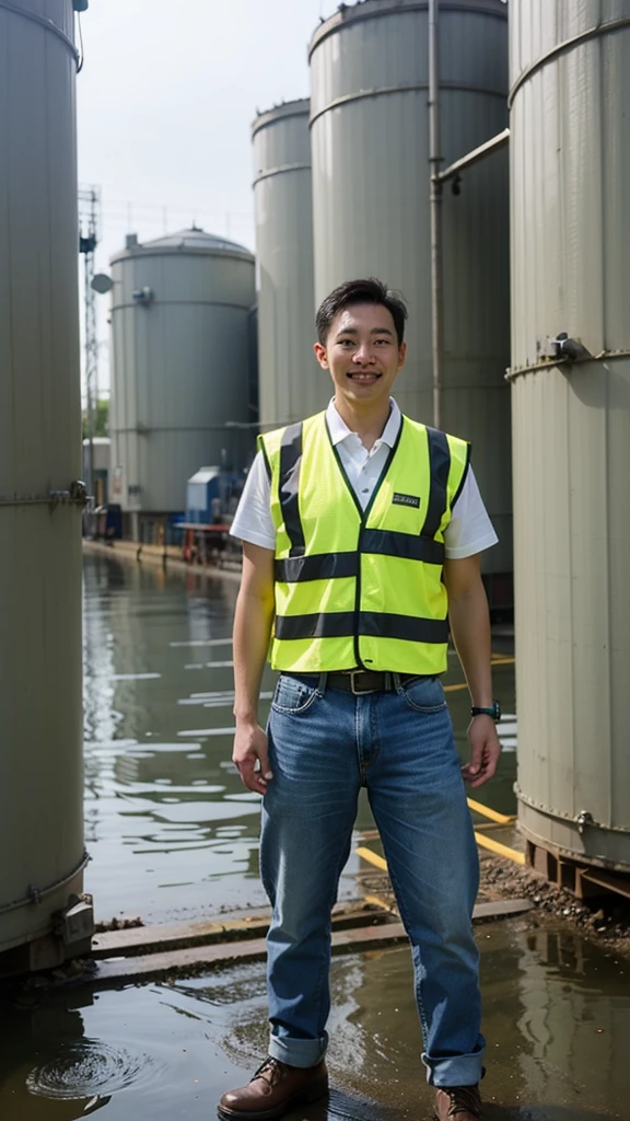 Create an image of a man in a white helm and yellow safety vest, wearing black boot and stand on front of huge water tanks blue, wearing formal clothing and blue jeans, environmental portrait, worksafe. instagram photo, people at work, water industries, engineering, corporate photo, semi portrait photo, look at the details, with a happy expression of Indonesian man.