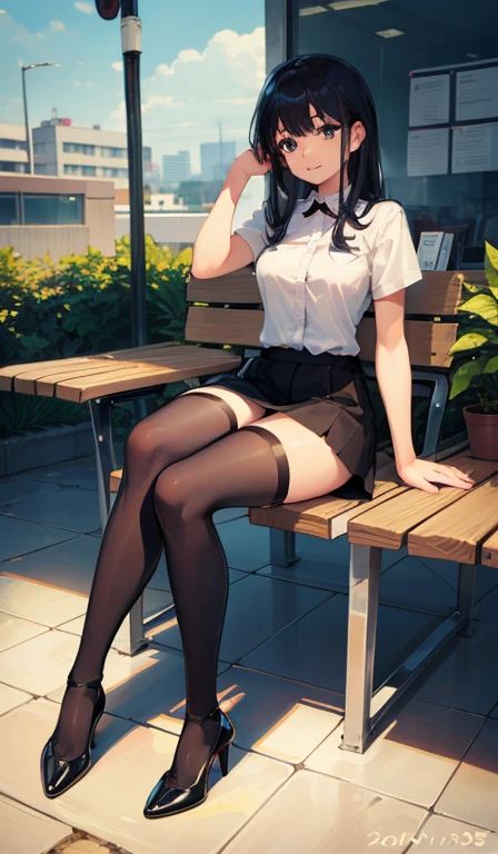 highest quality, Full body portrait, Delicate face, Pretty face, 25-year-old woman, Slim figure, Small breasts, OL Uniform, Office Clothes, Black Stockings, Outdoor Scene, Seating position