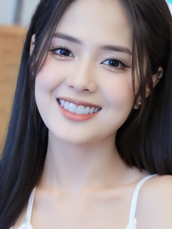 (realistic、masterpiece、Best Quality、8K、highres、high resolution:1.3)、1 girl、Huge breasts、smile, white bikini、pale white skin、looking at viewers、super fine face and eyes、long hair、indoor、 upper body、