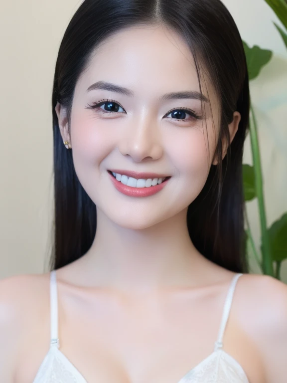 (realistic、masterpiece、Best Quality、8K、highres、high resolution:1.3)、1 girl、Huge breasts、smile, white bikini、pale white skin、looking at viewers、super fine face and eyes、long hair、indoor、 upper body、