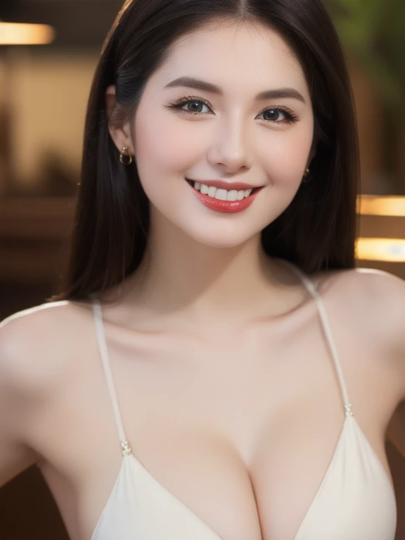 (realistic、masterpiece、Best Quality、8K、highres、high resolution:1.3)、1 girl、Huge 、smile, white bikini、pale white skin、looking at viewers、super fine face and eyes、long hair、indoor、 upper body、