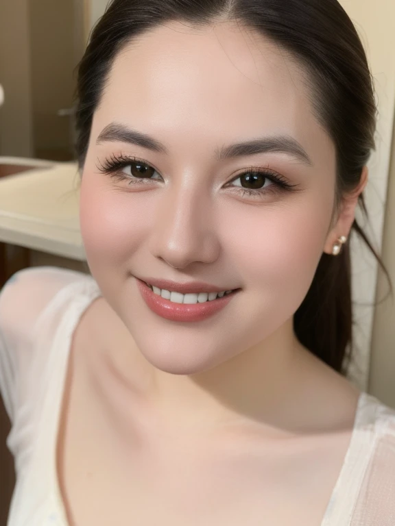 (realistic、masterpiece、Best Quality、8K、highres、high resolution:1.3)、1 girl、Huge breasts、smile, white bikini、pale white skin、looking at viewers、super fine face and eyes、long hair、indoor、 upper body、