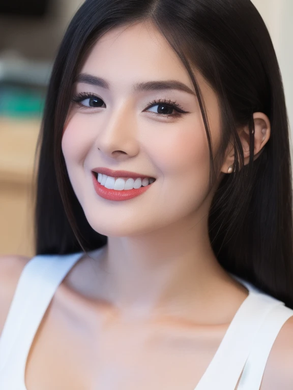 (realistic、masterpiece、Best Quality、8K、highres、high resolution:1.3)、1 girl、Huge breasts、smile, white bikini、pale white skin、looking at viewers、super fine face and eyes、long hair、indoor、 upper body、