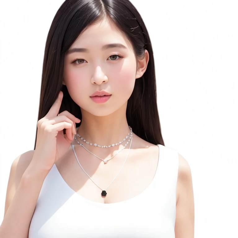 (highest quality, 8k, 32k, masterpiece), (Realistic), (Photorealistic:1.2), (High resolution), Very detailed, Very beautiful face and eyes, 1girl, Round and small face, Narrow waist, Delicate body, (close, highest quality, Attention to detail, Rich skin detail), (highest quality, 8k), Very detailed, (Realistic, Realistic:1.37), Bright colors, (((Bust Shot))), (((Medium Hair))), (((Pure white wall background))), (((Pure white wall background))), (((I'm wearing a black dress))), (((Touching lips with fingers))), (((Look straight ahead))), (((Wearing a necklace)))