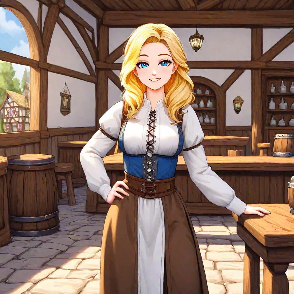 (masterpiece, best quality:1.2), 1girl, solo, Kat, blue eyes, blonde hair, standing, indoors, in a tavern, wearing medieval clothing, :3, smiling