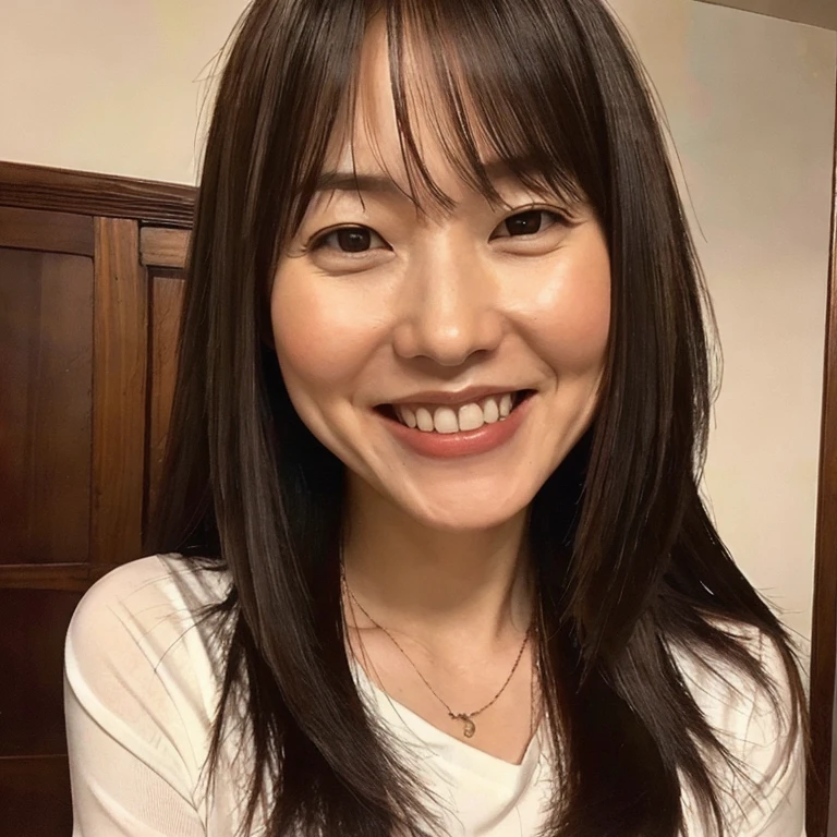 ((Top Quality)), ((8K)), ((Masterpiece: 1.3)), (Perfect Appearance), (Photorealism: 1.6), 1girl, solo, thin bangs, straight long hair, I smile and have dimples.,