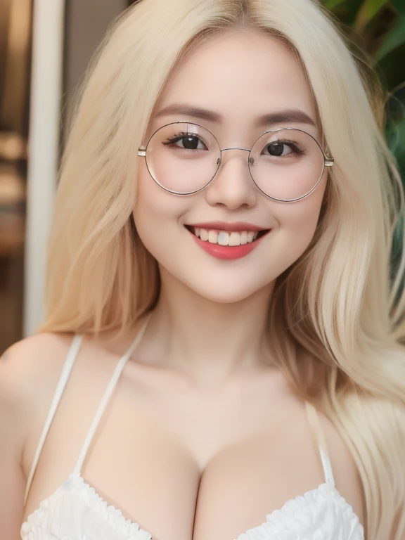 (realistic、masterpiece、Best Quality、8K、highres、high resolution:1.3)、1 glasses girl、smile, Huge breasts、white bikini、pale white skin、looking at viewers、super fine face and eyes、long blonde hair、indoor、 upper body、