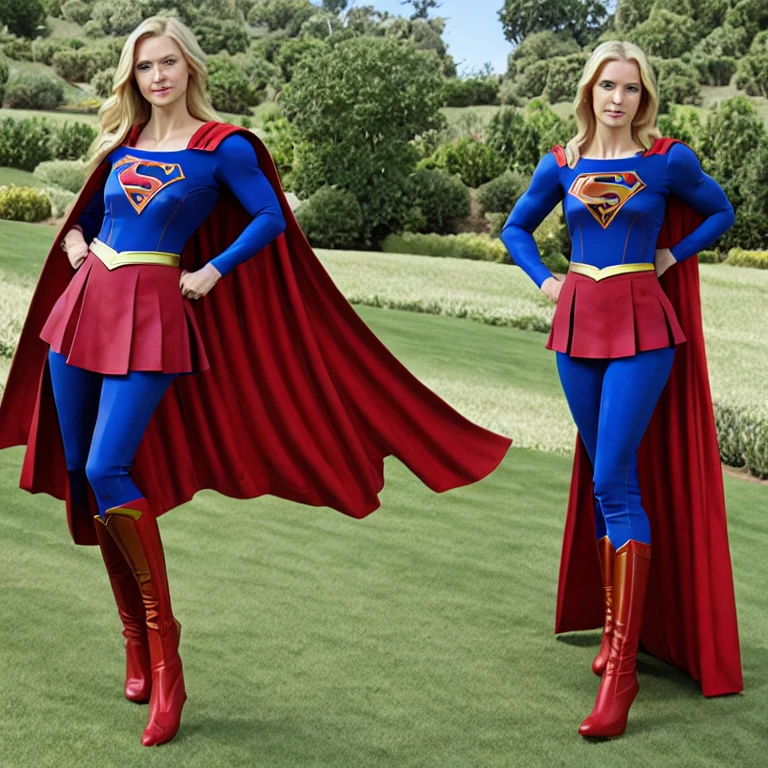 (masterpiece, best quality:1.2), 1girl, solo, (light-skinned woman, blue eyes, red boots, blue skirt, blue suit, supergirl emblem, beautiful body, red cape, crop top, navel,),