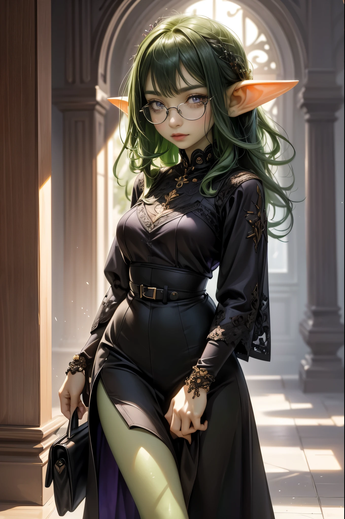 Create a village that has acid power, green hair tied in pigtails with a gold ring holding it in place and has side bangs, pink eyes, and releases acidic slime, She is a young woman wearing black ripped tights, a red skirt and platform boots., a black tight sleeveless blouse and a coat over it with a red and dark blue hood, She is crazy and always has a mischievous smile