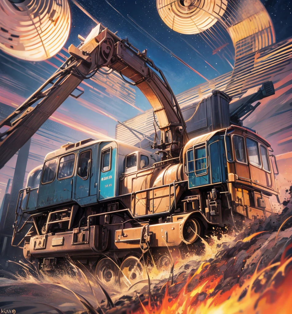 (((Excavating locomotive)))), masterpiece, highest quality, Attention to detail, unity 8k wallpaper, Sky, One Girl, Heavy machinery, Gradient Hair, Hair between the eyes, Ahoge, Year: 16 years old, Pretty face, White Pear,、Camel Toe、Giant tit、Nipple Puffs、Cleavage、