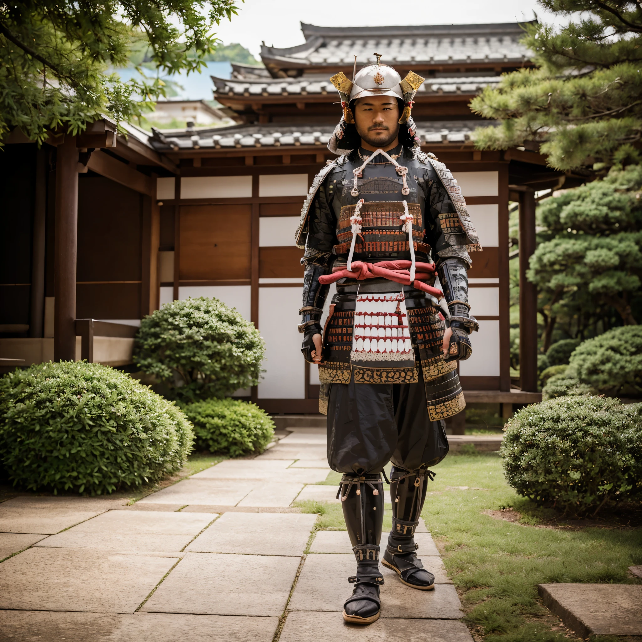 A man in heavy samurai armor, very detailed armor from the sengoku era, samurai shoulder pad, metal bracelet, iron plate breastplate, samurai boots, wearing samurai bachi hoshi helmet, Japanese garden with lake and a traditional old Japanese house, well-made, muscular face, (just one man), (full body), HD, very detailed, full hd, masterpiece, personalized by sengoku theme, bloom, ultra resolution
