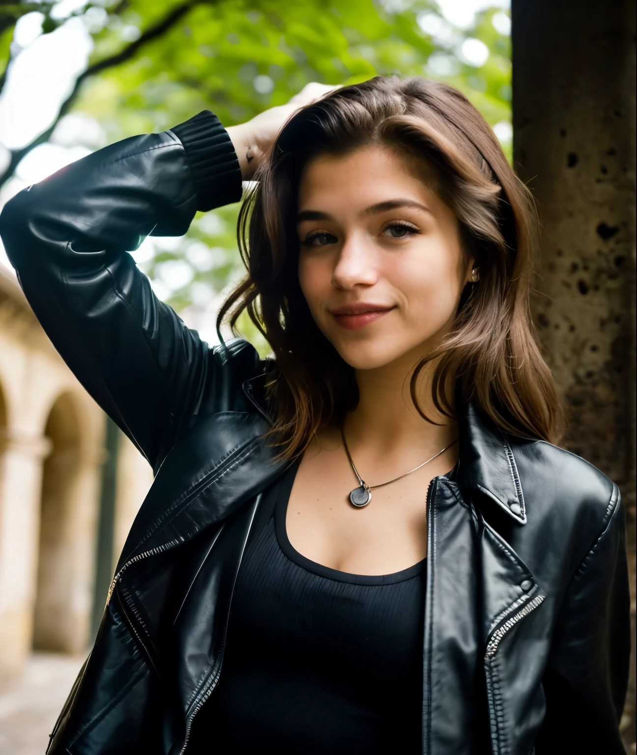 Photography, Half-length shot of a 24-year-old woman wearing a gothic leather jacket and shirt., cabello rojo, sonrisa, al aire libre, urban, happiness, hermoso, bonito, sunny day, Piel detallada, poros de la piel, Luz natural, fotorrealista, mejor calidad, high resolution, alto contraste, Muy detallado  